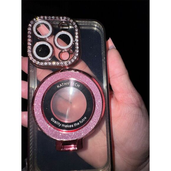 LXK Pink Glitter Clear Phone Case w/ Ring Holder and rhinestone iPhone 15 pro - Picture 11 of 12